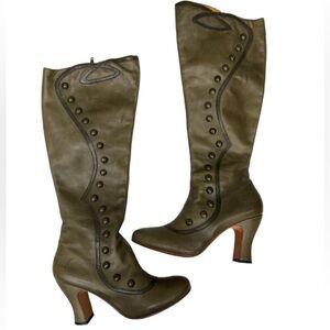 John Fluevog Miracles Lourdes Olive Green Knee High Leather Boots Size 7